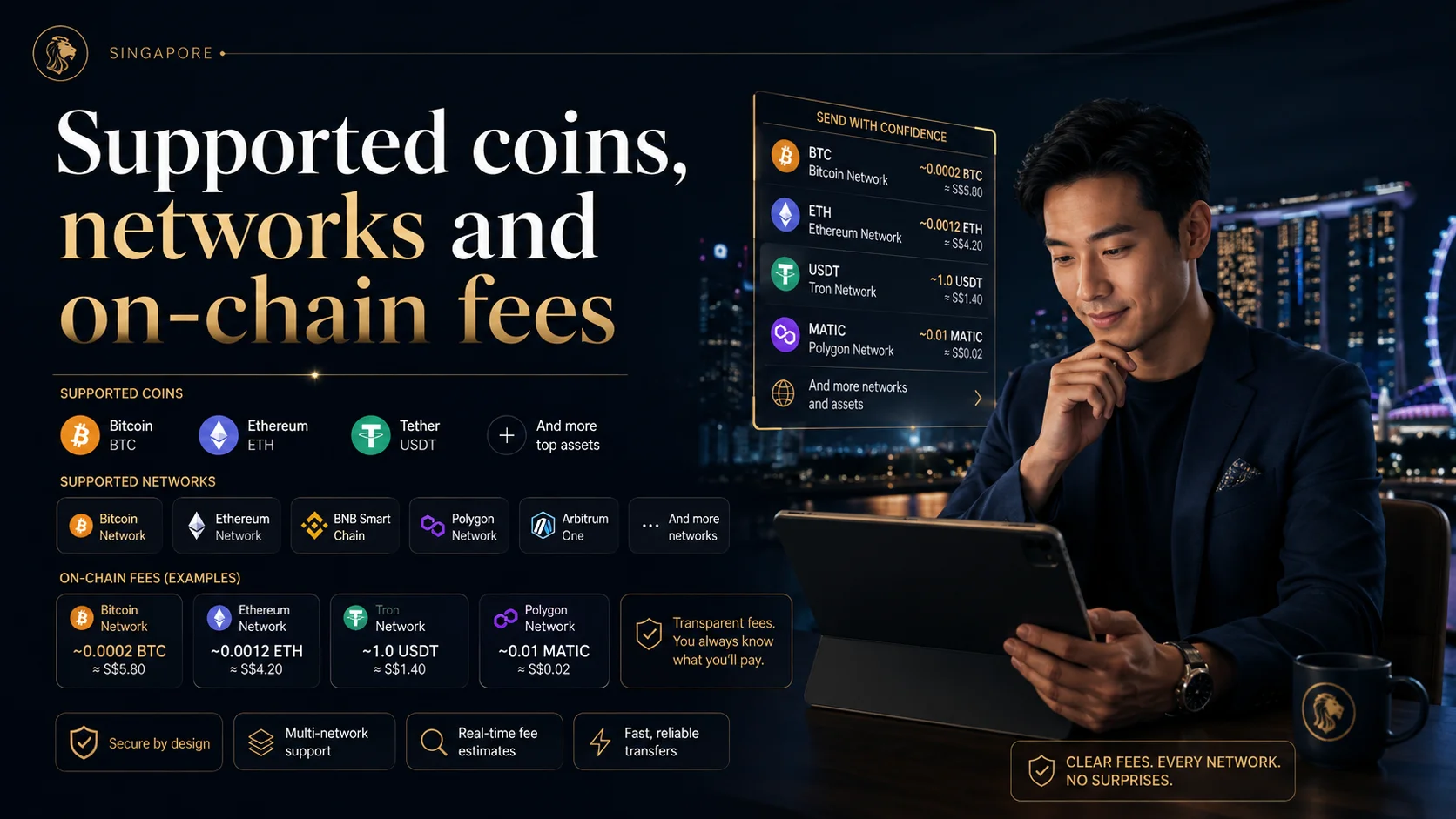Supported coins, networks and on-chain fees