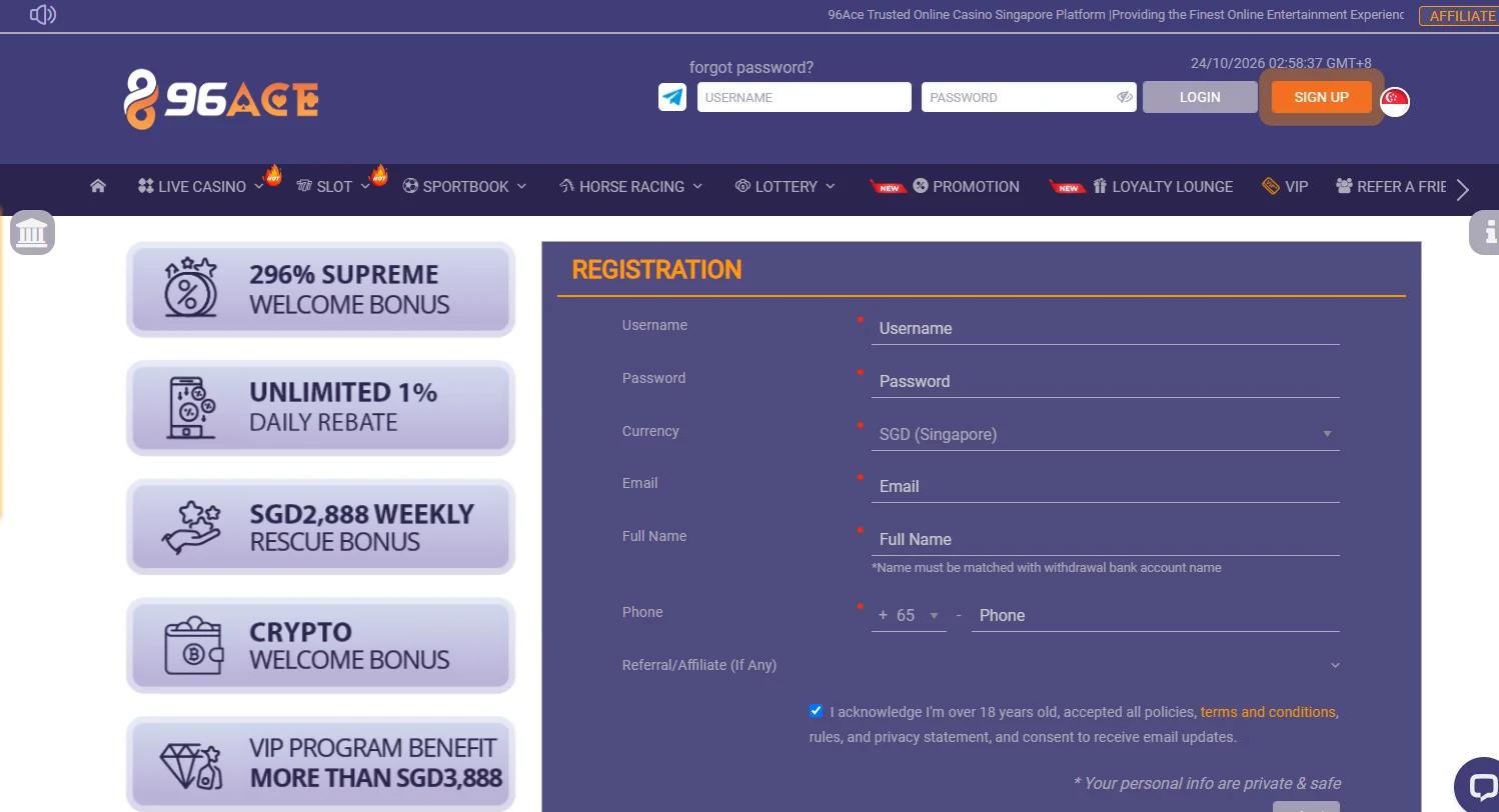 96ACE casino registration form 96ACE casino registration form