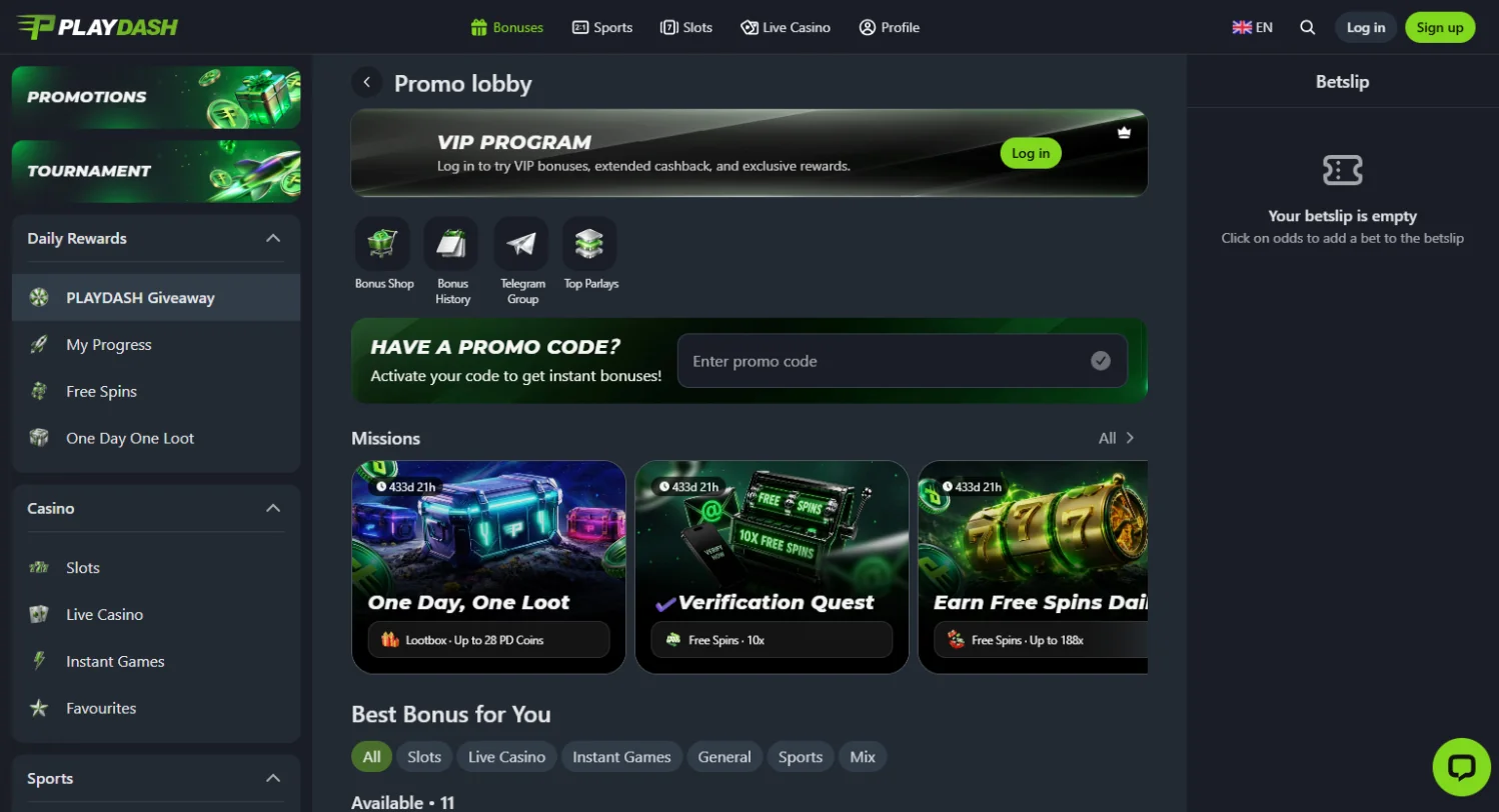 PlayDash casino promotions page PlayDash casino promotions page