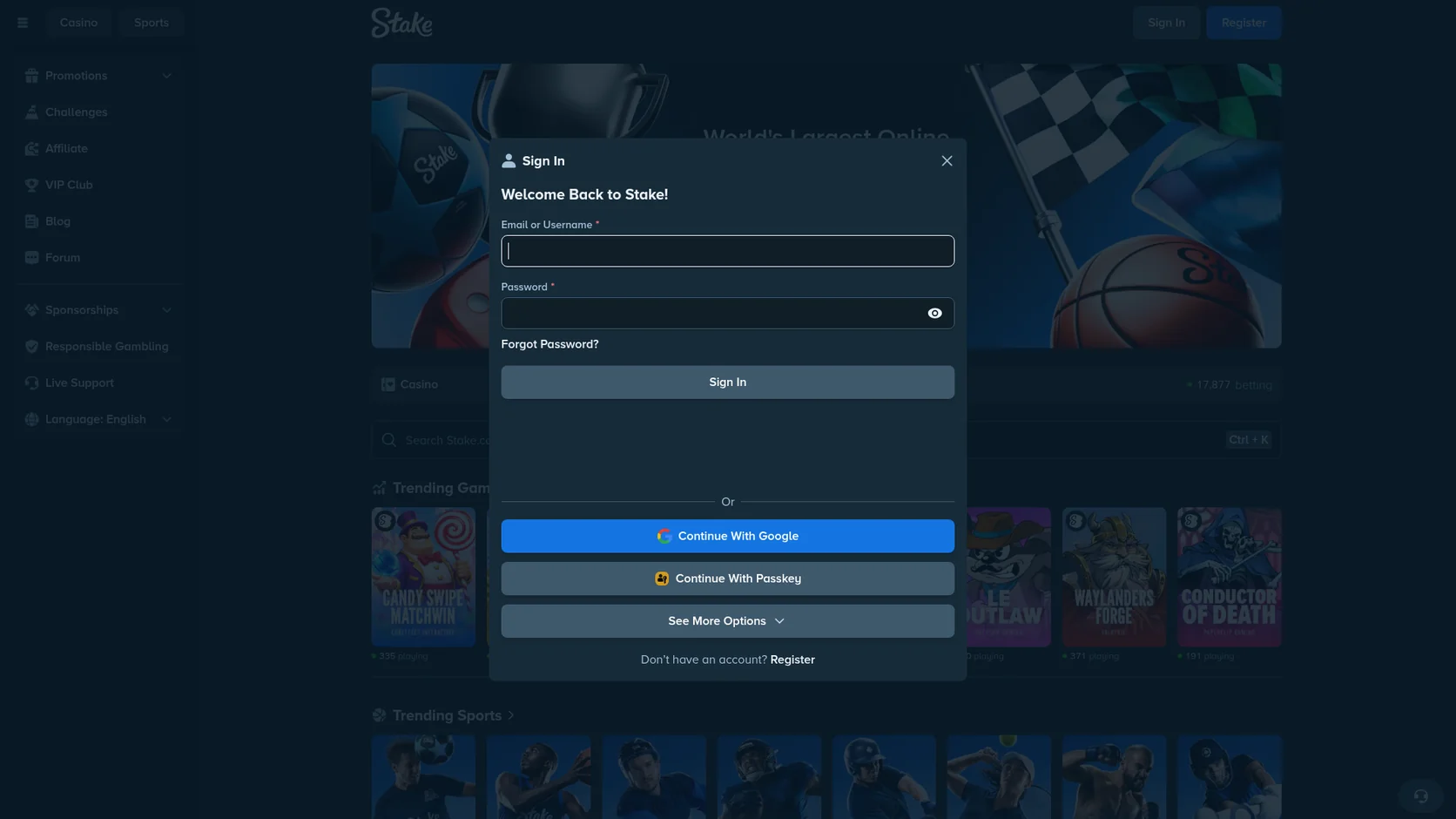 login screen