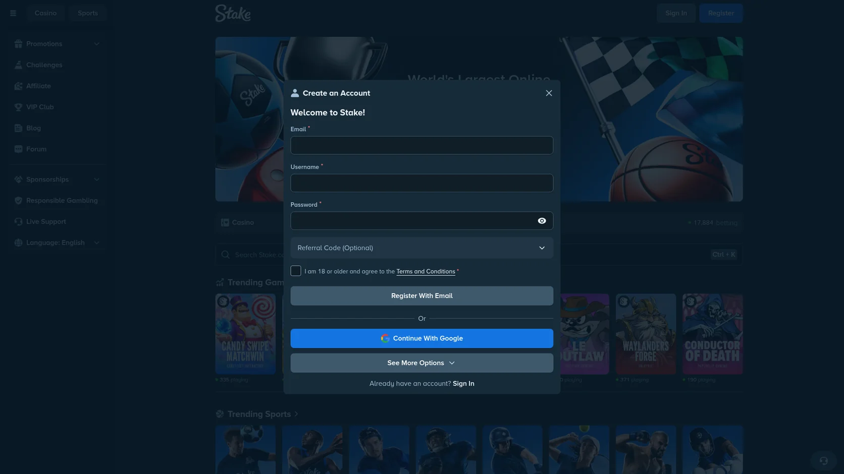 Stake casino registration form Stake casino registration form