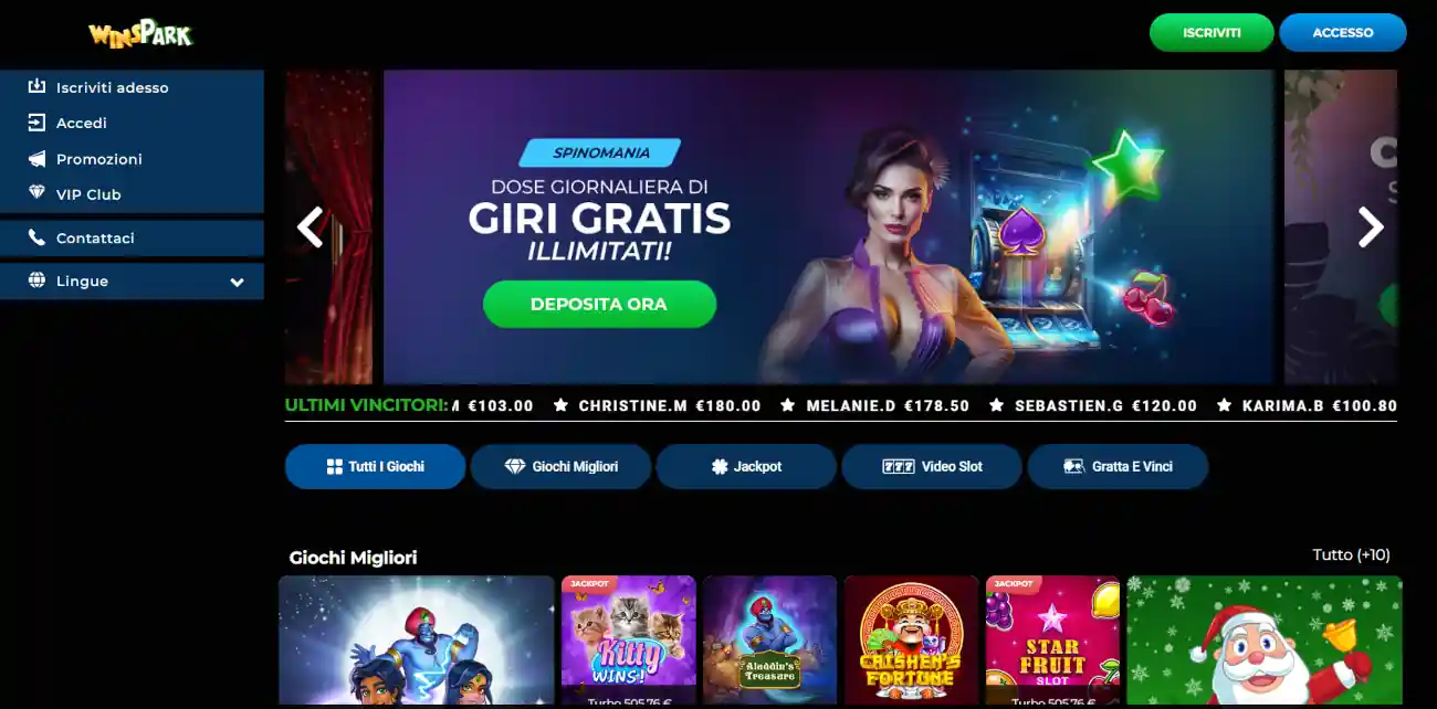 Winspark bonus immediato senza deposito e senza documento